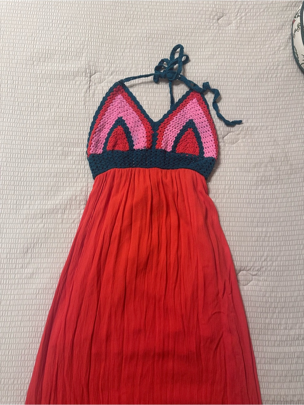 Rare Gianni Bini Red Crochet-Trim Halter Maxi Dress